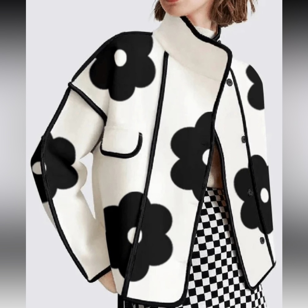 Floral Black and White High Collar Button Women's Coat Jacket - Picture 2 of 4